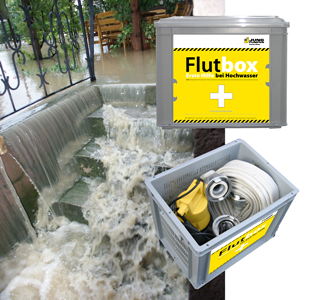 Bildmontage Flutbox und überflutete Kellertreppe