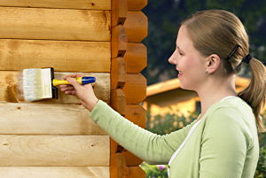 Frau streicht Holz-Gartenhaus mit breitem Pinsel