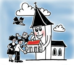 Karikatur Kirchturm übergibt Haus an Familie