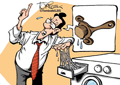 Karikatur Mann zieht Schleimfäden aus der Waschmaschine