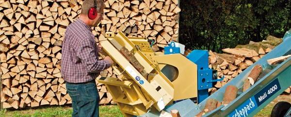 (Foto: Mann vor Brennholzstapel an einer Wippkreissäge) 