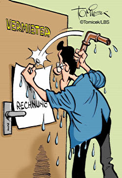 Karikatur Mann nagelt Vermieter Rechnung an die Tür