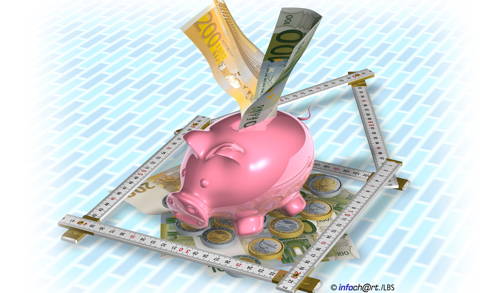 Grafik Sparschwein, Geld und Hausumriss